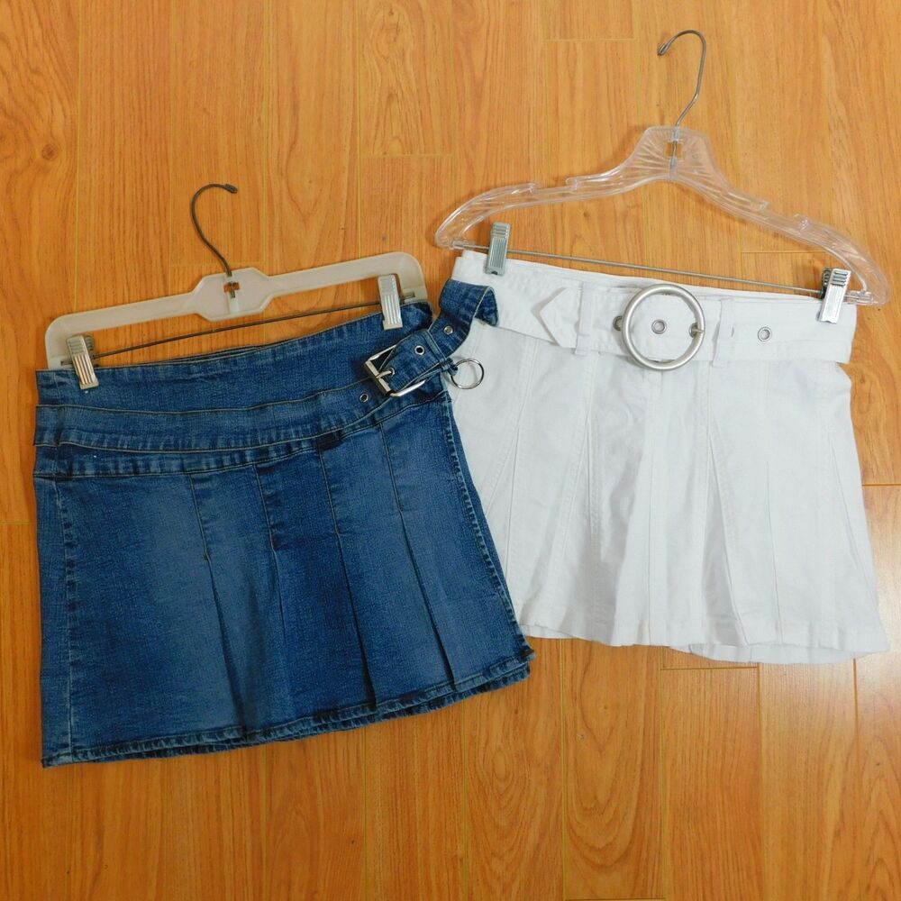 Clash Jeans Mini Skirts Y2K Denim Stretch, Lot of 2, Size S/M Blue White Vintage